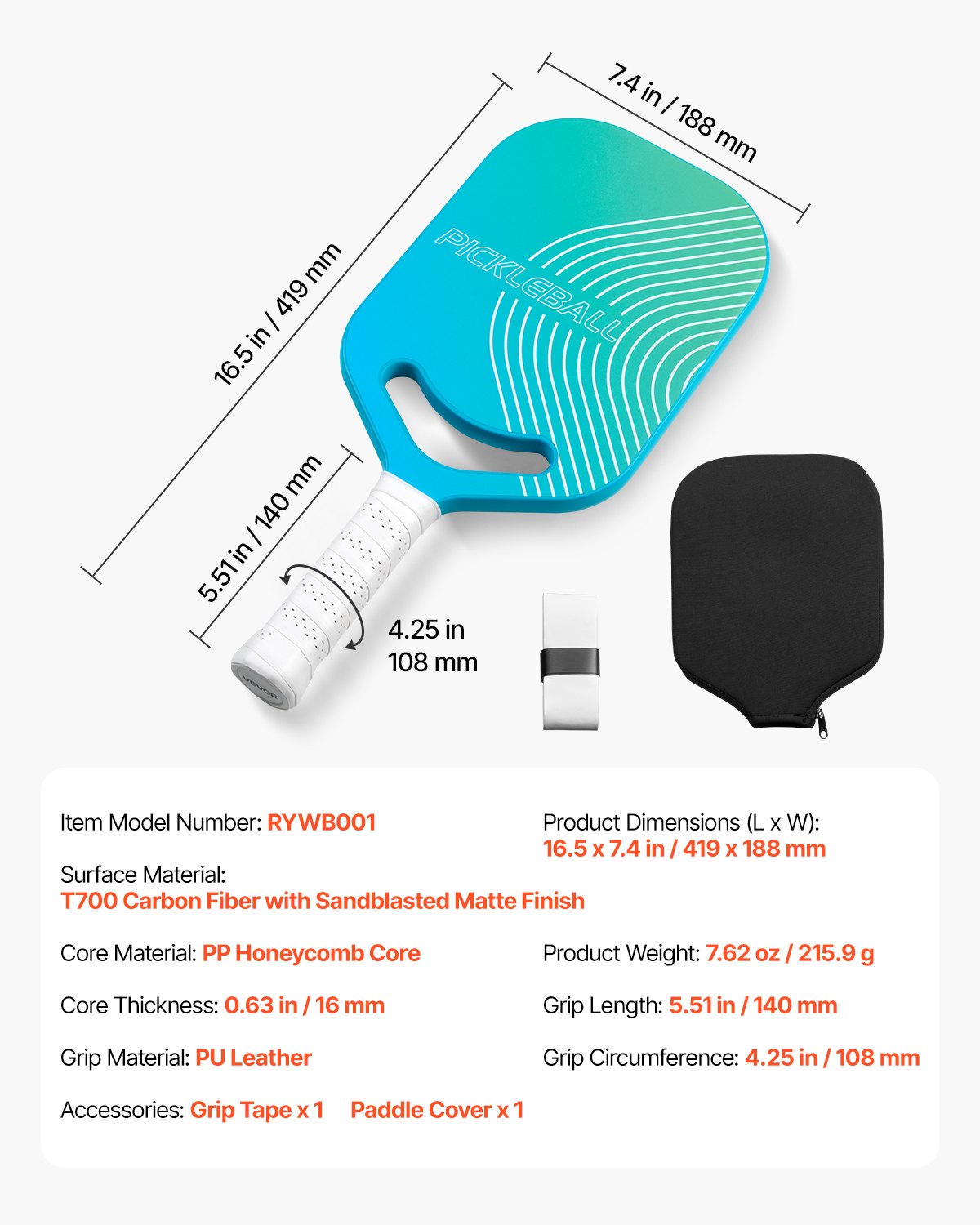VEVOR Pickleball Paddle with Aero Throat, T700 Carbon Fiber Surface & Honeycomb Core, Professional Pickleball Paddle with Increased Power & Control & Spin, Pickle Ball Racket for Adults, Men & Women - DJZSYKT700TXDXOGQ001V0 - view 8