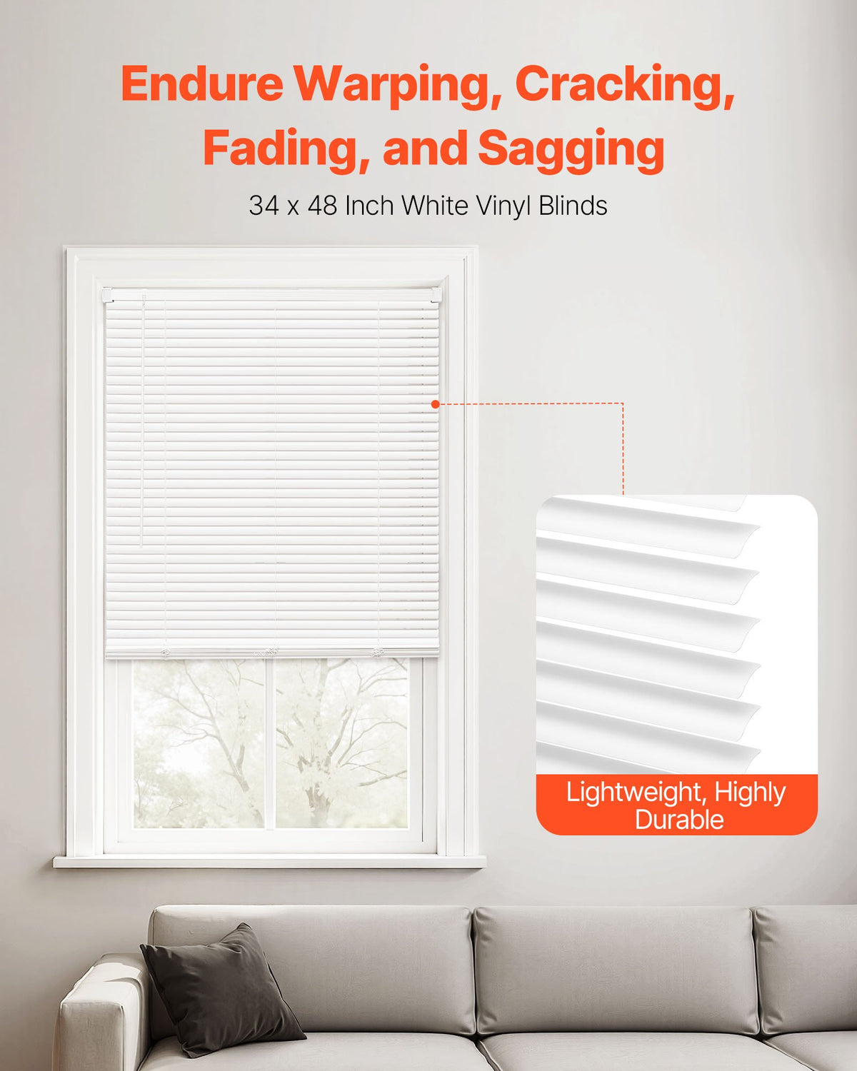 VEVOR Mini Blinds, 34" W x 48" H, 1" Slat Size, Cordless Horizontal Light Filtering Mini Blind for Indoor Windows, Easy to Clean and Simple Light Adjustment, for Home Decor, Room Darkening, White - DKAZYXJBYC34X5M5E001V0 - view 3