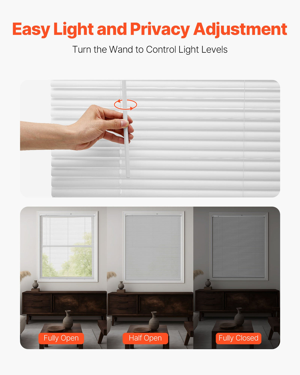 VEVOR Mini Blinds, 34" W x 48" H, 1" Slat Size, Cordless Horizontal Light Filtering Mini Blind for Indoor Windows, Easy to Clean and Simple Light Adjustment, for Home Decor, Room Darkening, White - DKAZYXJBYC34X5M5E001V0 - view 5