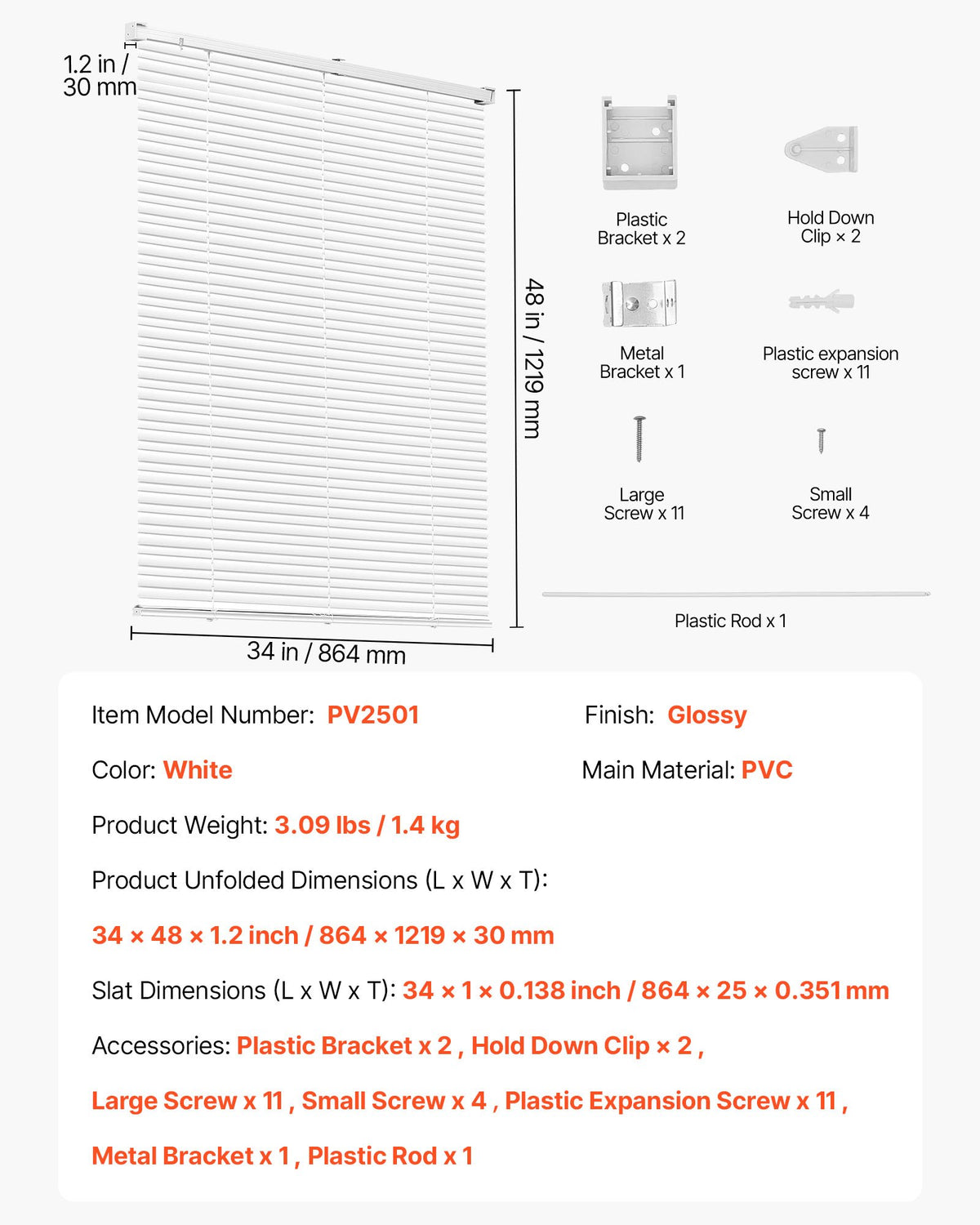 VEVOR Mini Blinds, 34" W x 48" H, 1" Slat Size, Cordless Horizontal Light Filtering Mini Blind for Indoor Windows, Easy to Clean and Simple Light Adjustment, for Home Decor, Room Darkening, White - DKAZYXJBYC34X5M5E001V0 - view 8