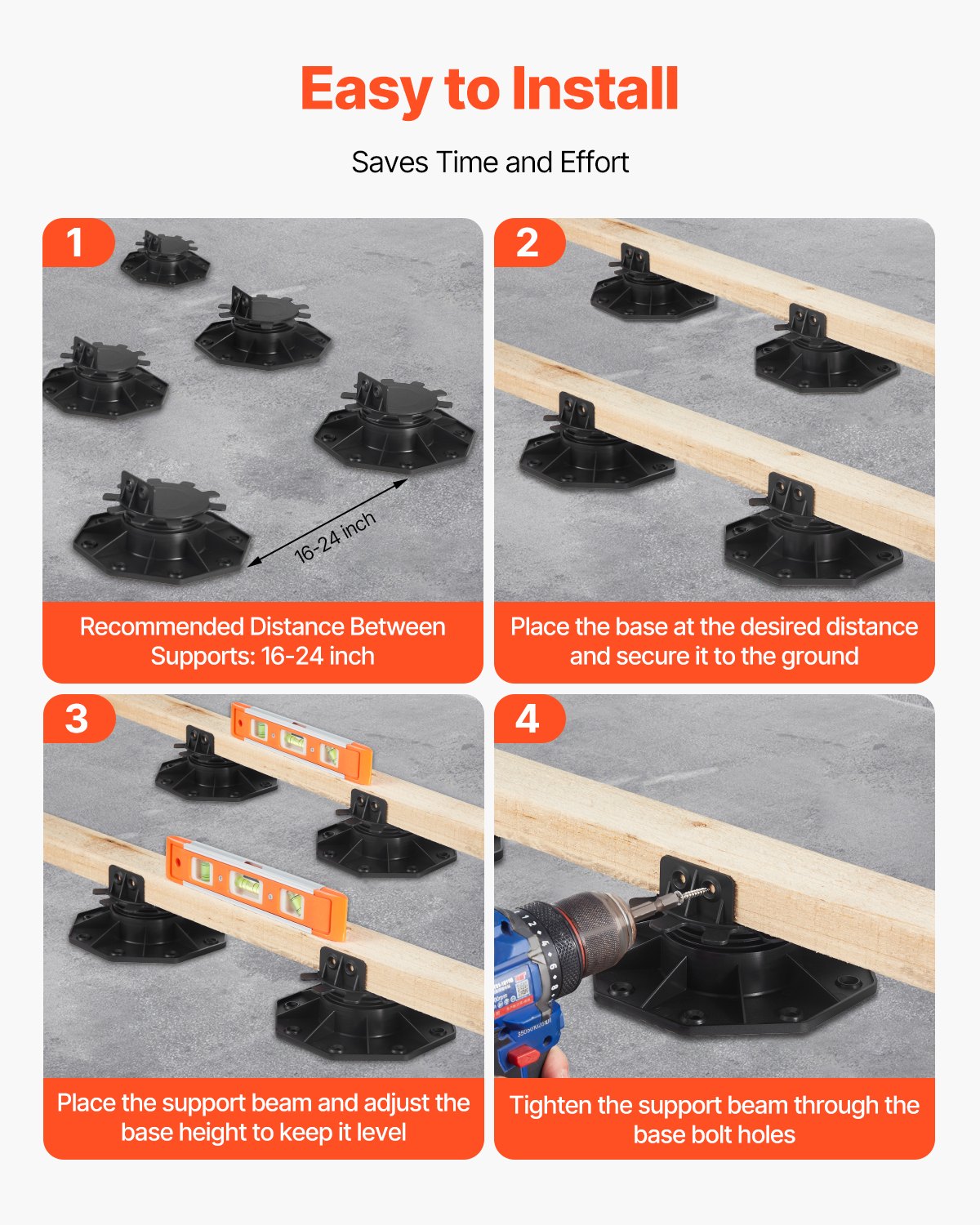 VEVOR Deck Blocks 24 PCS, 2000lbs / 907.18kg Load Capacity Deck Support Plastic Pedestal Paver, Raising 1.18 - 2.36 inch / 30 - 60 mm, Height Adjustable Shed Foundation Base for Wood Concrete Metal - DKCZCJZDKC305FCN4001V0 - view 7