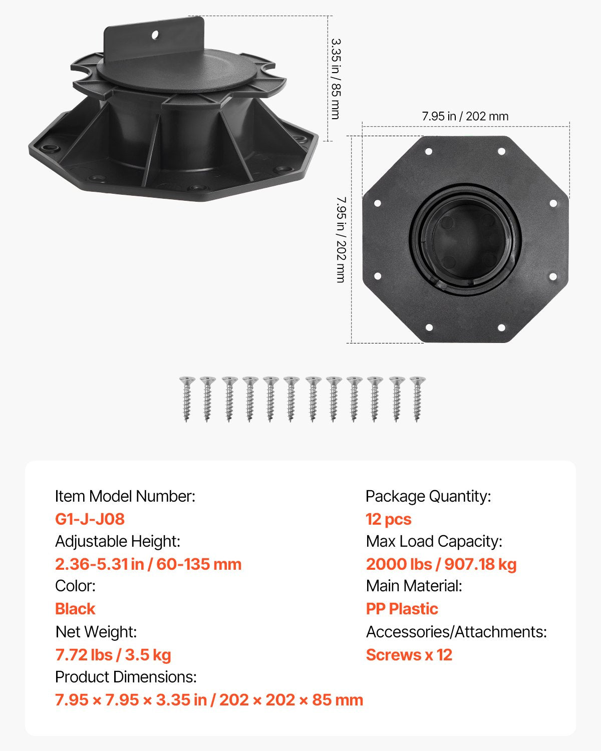 VEVOR Deck Blocks 12 PCS, 2000lbs / 907.18kg Load Capacity Deck Support Plastic Pedestal Paver, Raising 2.36 - 5.31 inch / 60 - 135 mm, Height Adjustable Shed Foundation Base for Wood Concrete Metal - DKCZCJZDKC60PJT4U001V0 - view 8