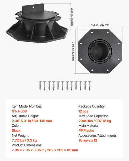 VEVOR Deck Blocks 12 PCS, 2000lbs / 907.18kg Load Capacity Deck Support Plastic Pedestal Paver, Raising 2.36 - 5.31 inch / 60 - 135 mm, Height Adjustable Shed Foundation Base for Wood Concrete Metal - DKCZCJZDKC60PJT4U001V0 - view 8
