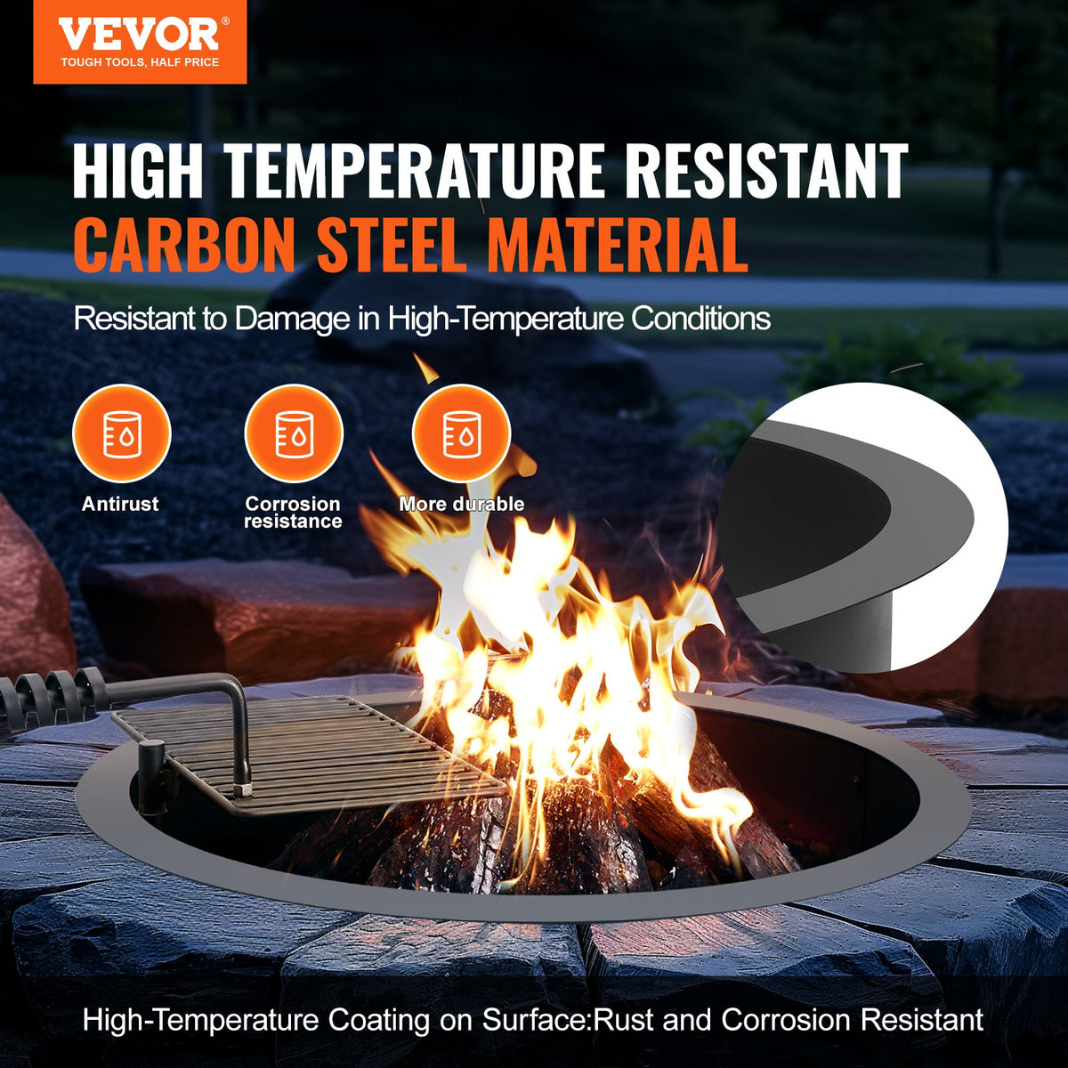 VEVOR Fire Pit Ring, Fire Pit Insert with Barbecue Fire Ring, 35-In Outer/31-In Inner Diameter, 8.5in Height, Carbon Steel Liner DIY Campfire Ring above/In-Ground, for Outdoor Camping, Bonfires - DKJHH31INCH165WYPV0 - view 3