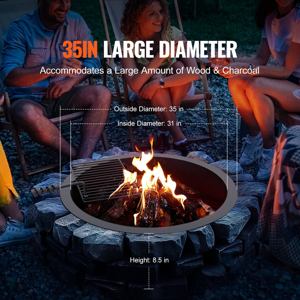VEVOR Fire Pit Ring, Fire Pit Insert with Barbecue Fire Ring, 35-In Outer/31-In Inner Diameter, 8.5in Height, Carbon Steel Liner DIY Campfire Ring above/In-Ground, for Outdoor Camping, Bonfires - DKJHH31INCH165WYPV0 - view 4