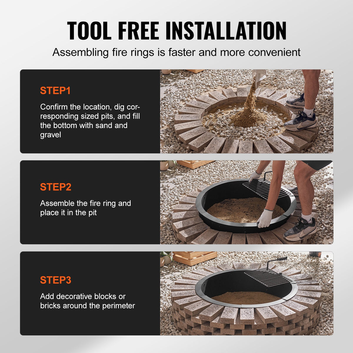 VEVOR Fire Pit Ring, Fire Pit Insert with Barbecue Fire Ring, 35-In Outer/31-In Inner Diameter, 8.5in Height, Carbon Steel Liner DIY Campfire Ring above/In-Ground, for Outdoor Camping, Bonfires - DKJHH31INCH165WYPV0 - view 6