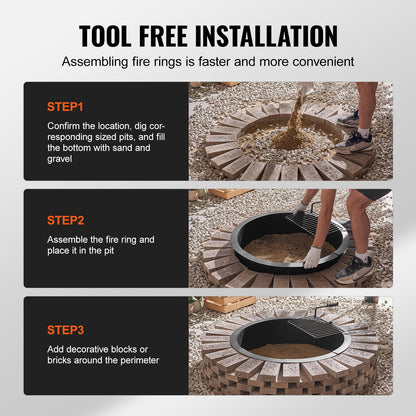 VEVOR Fire Pit Ring, Fire Pit Insert with Barbecue Fire Ring, 35-In Outer/31-In Inner Diameter, 8.5in Height, Carbon Steel Liner DIY Campfire Ring above/In-Ground, for Outdoor Camping, Bonfires - DKJHH31INCH165WYPV0 - view 6