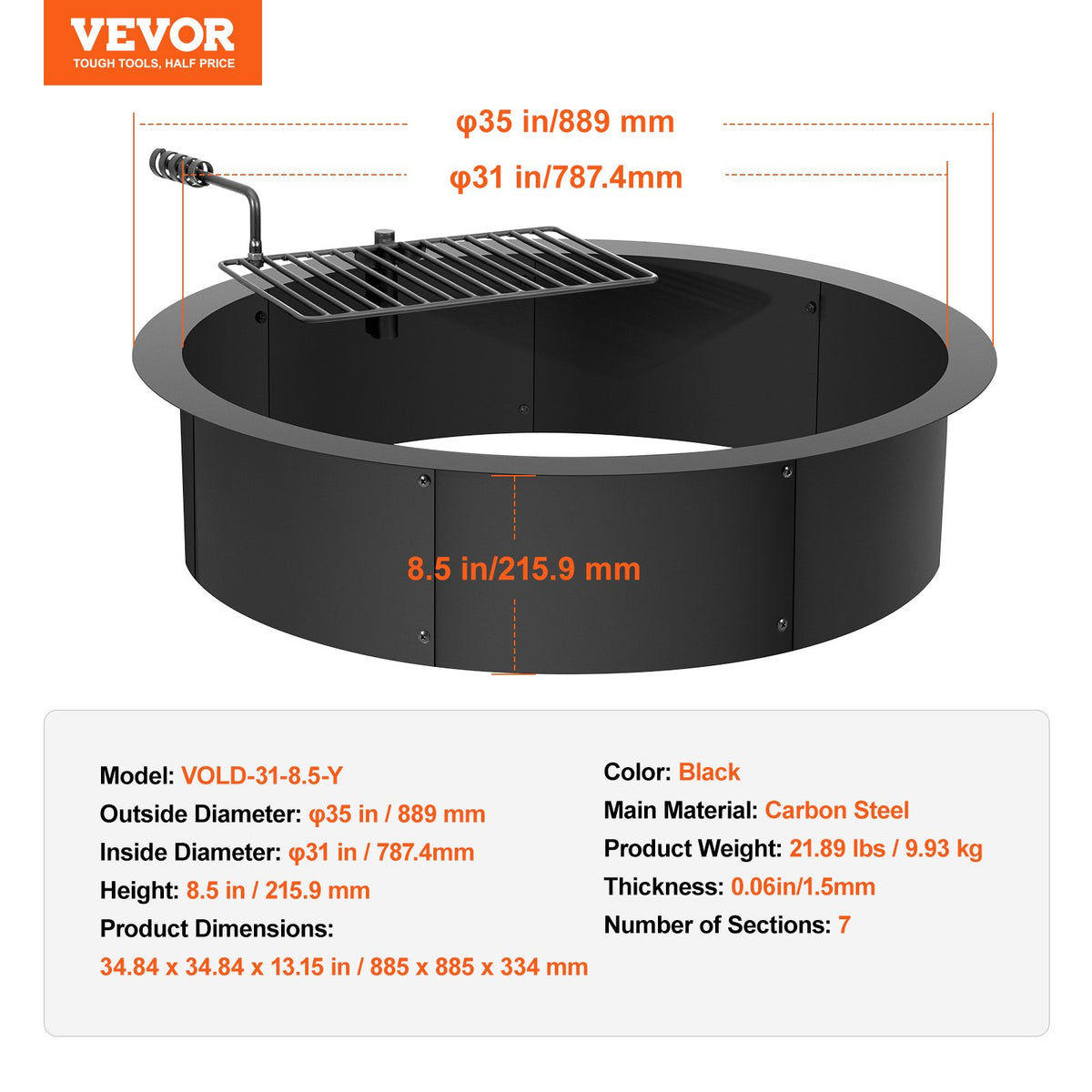 VEVOR Fire Pit Ring, Fire Pit Insert with Barbecue Fire Ring, 35-In Outer/31-In Inner Diameter, 8.5in Height, Carbon Steel Liner DIY Campfire Ring above/In-Ground, for Outdoor Camping, Bonfires - DKJHH31INCH165WYPV0 - view 8