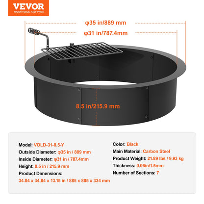 VEVOR Fire Pit Ring, Fire Pit Insert with Barbecue Fire Ring, 35-In Outer/31-In Inner Diameter, 8.5in Height, Carbon Steel Liner DIY Campfire Ring above/In-Ground, for Outdoor Camping, Bonfires - DKJHH31INCH165WYPV0 - view 8