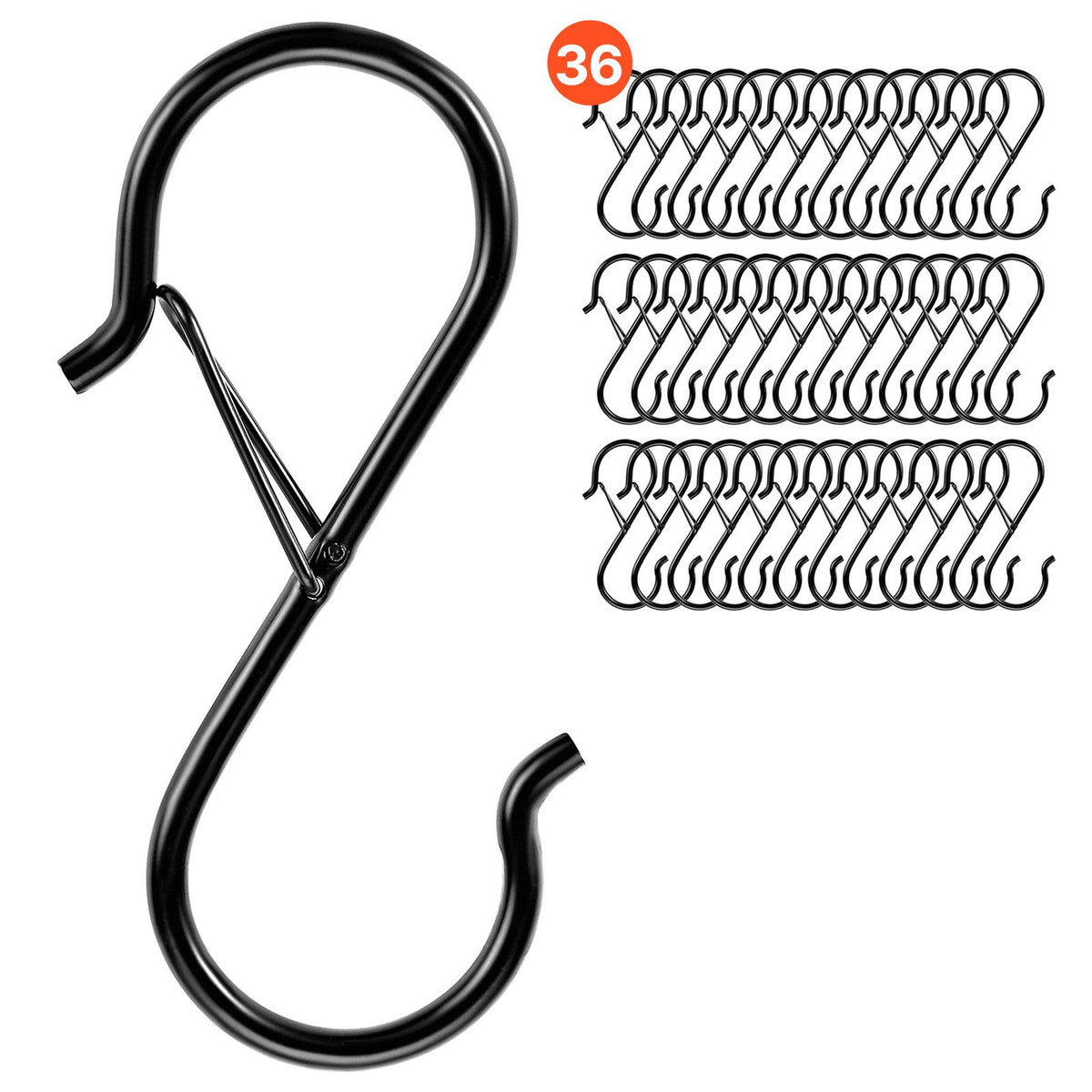 VEVOR S Hooks 36 Pack, 39.68 LBS Capacity for Bars up to 0.85 Inch, S Shaped Hooks with Safety Buckle, Heavy Duty Metal Hangers for Plants, Jeans, Clothes in Garden, Closet, Kitchen, Bedroom, Black - DKKGG12JZ375K1G0E001V0 - view 1
