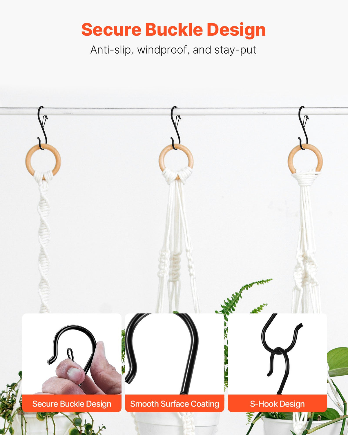 VEVOR S Hooks 36 Pack, 39.68 LBS Capacity for Bars up to 0.85 Inch, S Shaped Hooks with Safety Buckle, Heavy Duty Metal Hangers for Plants, Jeans, Clothes in Garden, Closet, Kitchen, Bedroom, Black - DKKGG12JZ375K1G0E001V0 - view 4