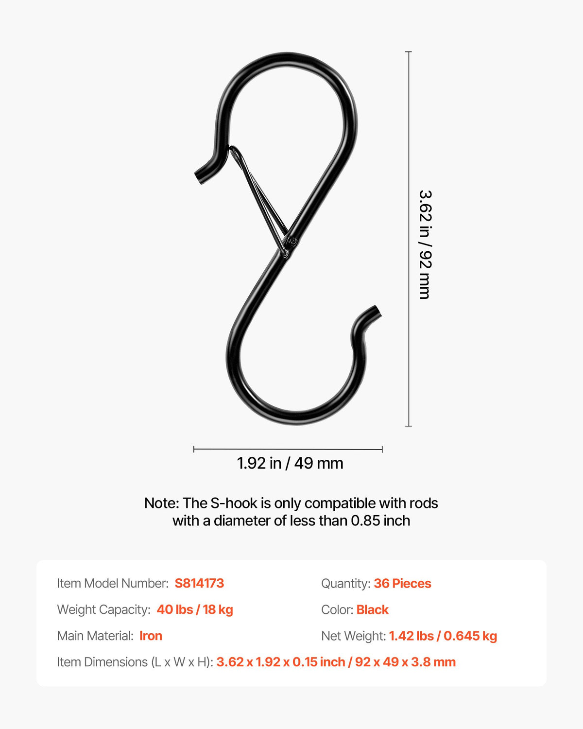 VEVOR S Hooks 36 Pack, 39.68 LBS Capacity for Bars up to 0.85 Inch, S Shaped Hooks with Safety Buckle, Heavy Duty Metal Hangers for Plants, Jeans, Clothes in Garden, Closet, Kitchen, Bedroom, Black - DKKGG12JZ375K1G0E001V0 - view 8