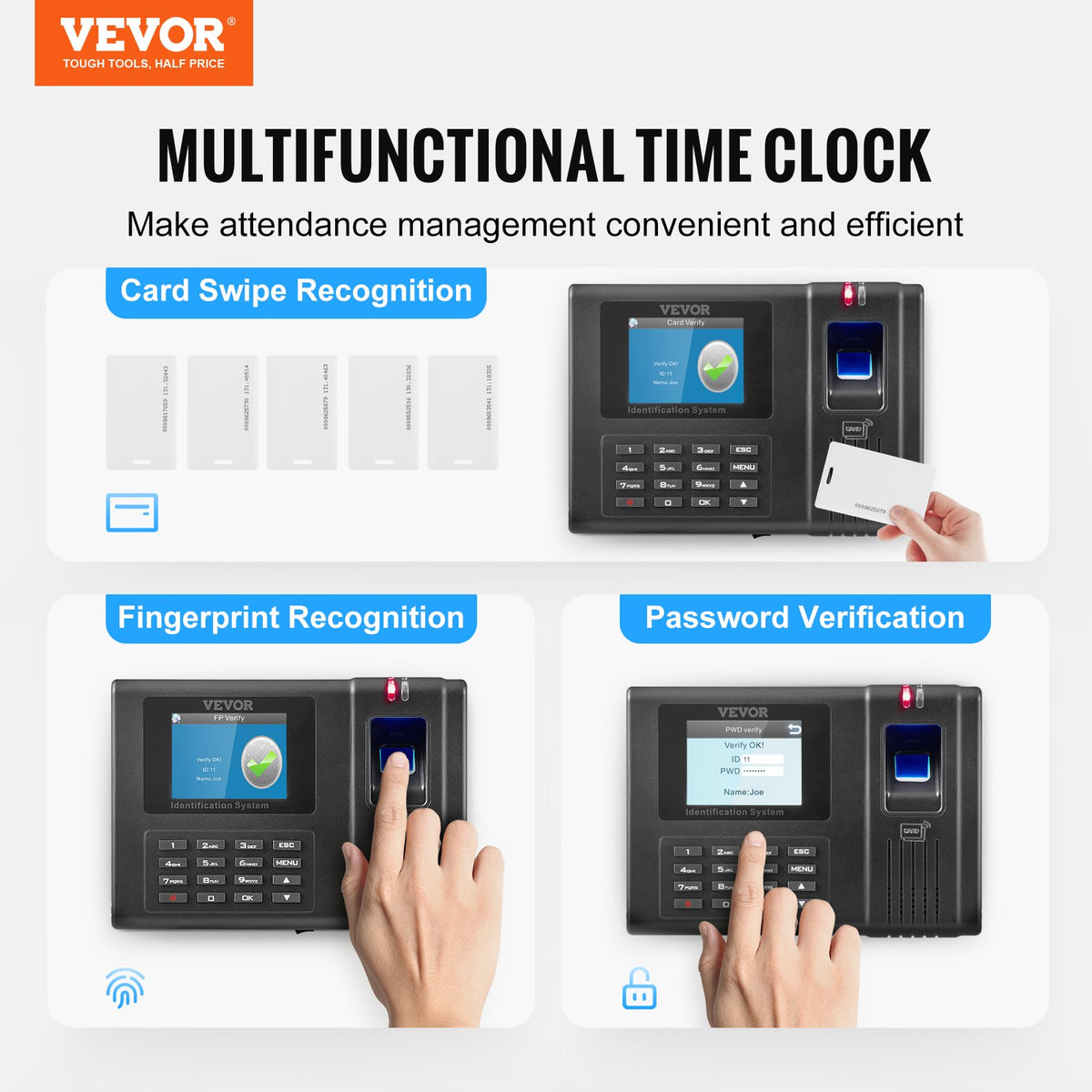 VEVOR Time Clock, Fingerprint Time Clocks for Employees Small Business, Biometric Time Clock with 5 RFID Cards & USB Drive,  Automatic Punch In/Out, No Monthly Fees - DKKQJBDWIFIDCKI33V1 - view 3