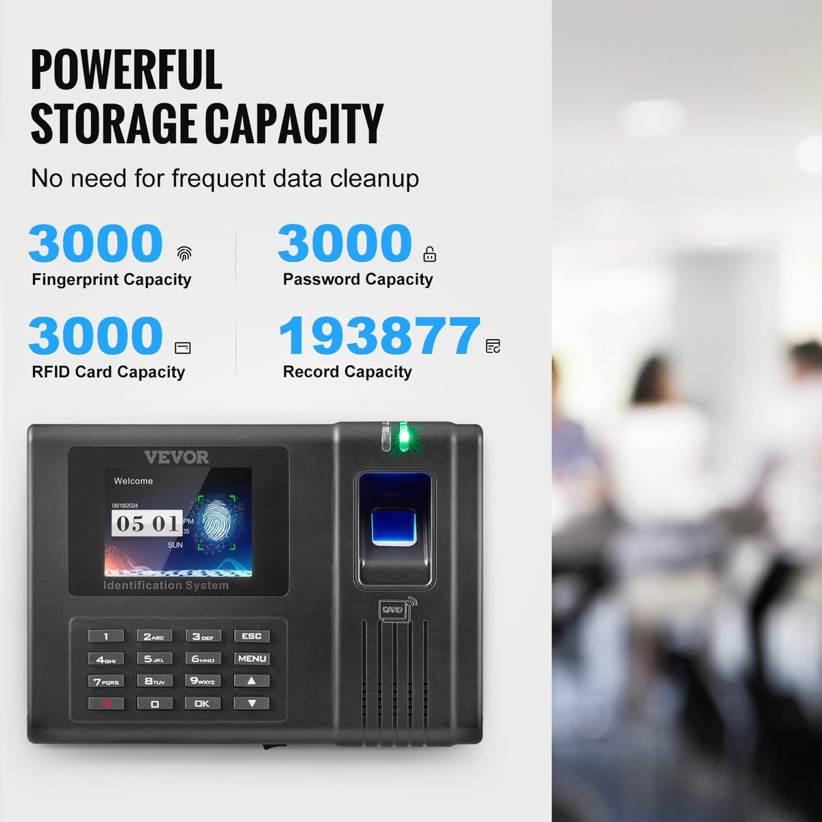 VEVOR Time Clock, Fingerprint Time Clocks for Employees Small Business, Biometric Time Clock with 5 RFID Cards & USB Drive,  Automatic Punch In/Out, No Monthly Fees - DKKQJBDWIFIDCKI33V1 - view 4