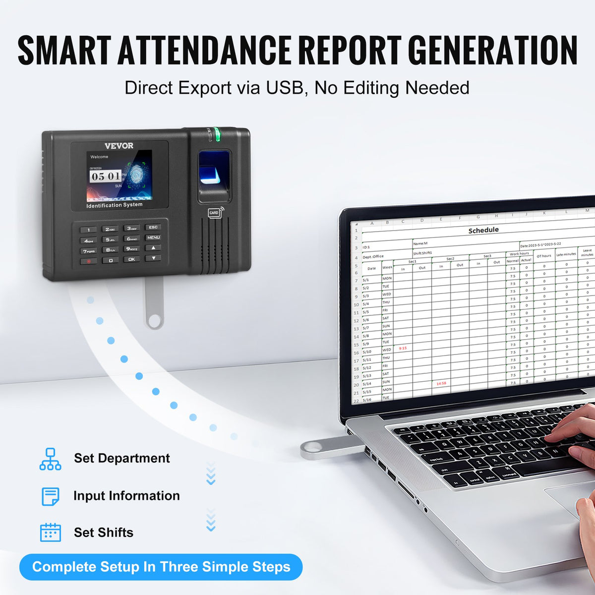 VEVOR Time Clock, Fingerprint Time Clocks for Employees Small Business, Biometric Time Clock with 5 RFID Cards & USB Drive,  Automatic Punch In/Out, No Monthly Fees - DKKQJBDWIFIDCKI33V1 - view 5