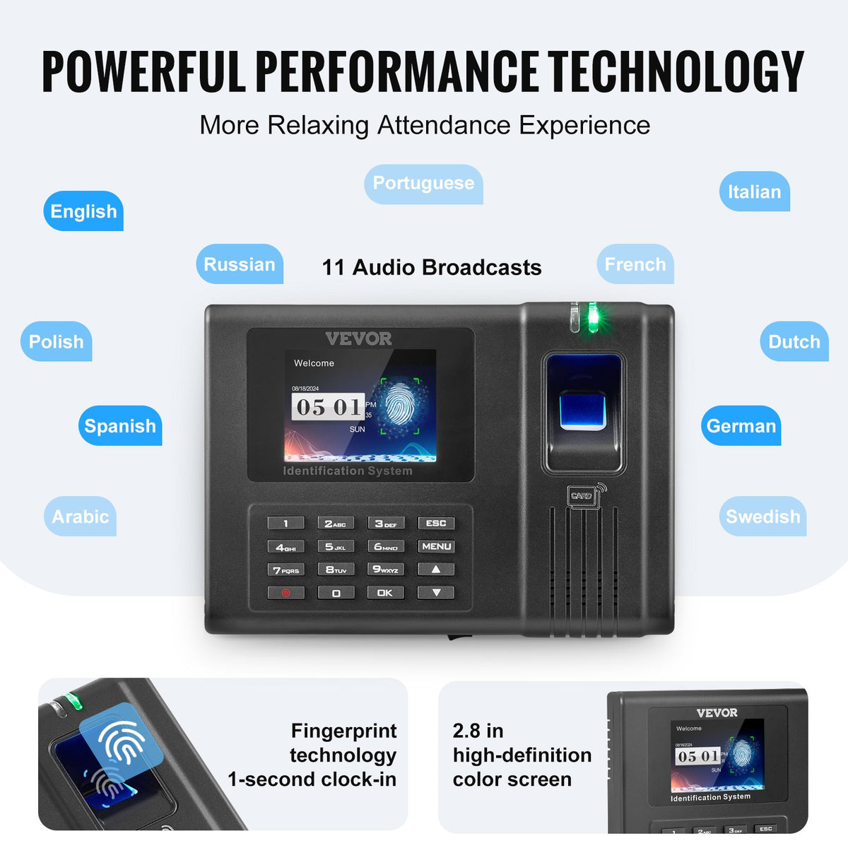 VEVOR Time Clock, Fingerprint Time Clocks for Employees Small Business, Biometric Time Clock with 5 RFID Cards & USB Drive,  Automatic Punch In/Out, No Monthly Fees - DKKQJBDWIFIDCKI33V1 - view 6