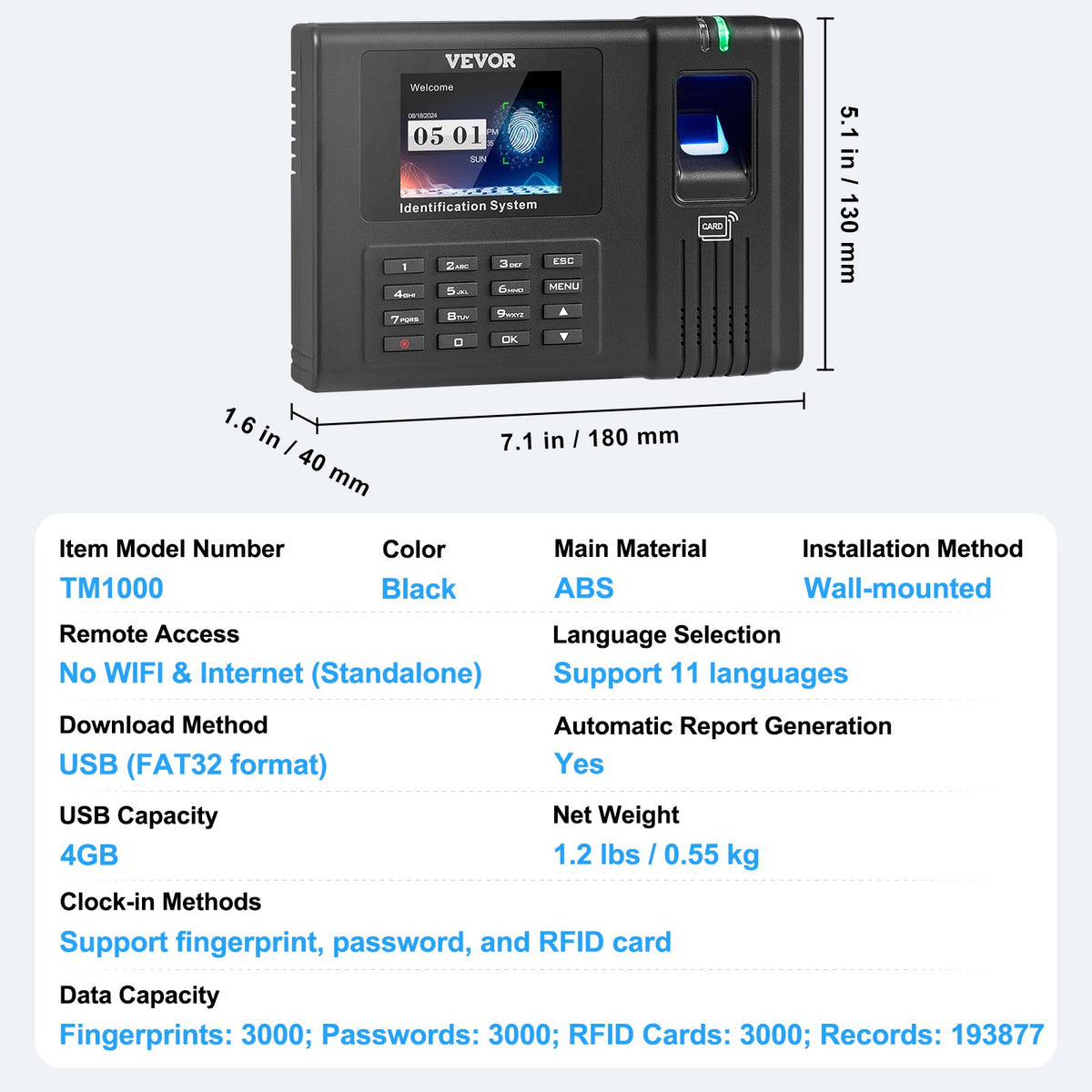 VEVOR Time Clock, Fingerprint Time Clocks for Employees Small Business, Biometric Time Clock with 5 RFID Cards & USB Drive,  Automatic Punch In/Out, No Monthly Fees - DKKQJBDWIFIDCKI33V1 - view 8