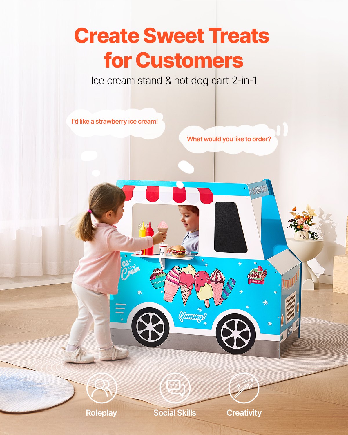 VEVOR Ice Cream Cart for Kids, 20+ PCS Ice Cream Truck Wooden Playset, Pretend Play Stand with Steering Wheel & Chalkboard, Payment Scanner & Freezer, Faucet & Sink, Suitable for Kids 3-7 Years Old - DKSHCMZKCDKSSH4LLV0 - view 3