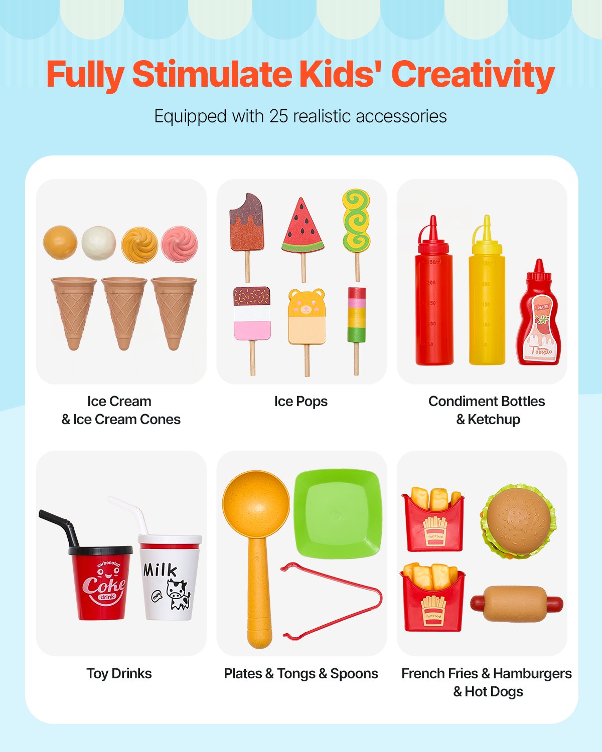 VEVOR Ice Cream Cart for Kids, 20+ PCS Ice Cream Truck Wooden Playset, Pretend Play Stand with Steering Wheel & Chalkboard, Payment Scanner & Freezer, Faucet & Sink, Suitable for Kids 3-7 Years Old - DKSHCMZKCDKSSH4LLV0 - view 4