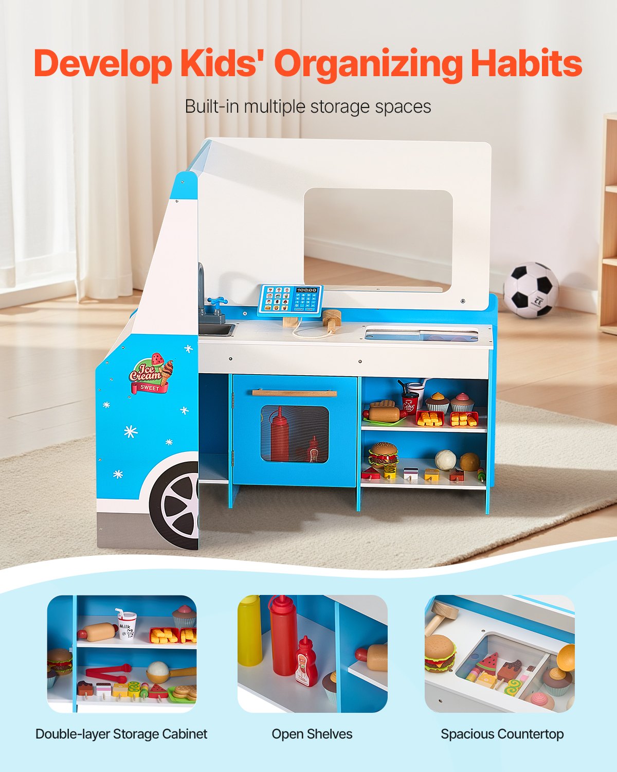 VEVOR Ice Cream Cart for Kids, 20+ PCS Ice Cream Truck Wooden Playset, Pretend Play Stand with Steering Wheel & Chalkboard, Payment Scanner & Freezer, Faucet & Sink, Suitable for Kids 3-7 Years Old - DKSHCMZKCDKSSH4LLV0 - view 5