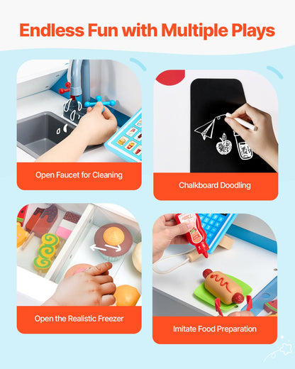 VEVOR Ice Cream Cart for Kids, 20+ PCS Ice Cream Truck Wooden Playset, Pretend Play Stand with Steering Wheel & Chalkboard, Payment Scanner & Freezer, Faucet & Sink, Suitable for Kids 3-7 Years Old - DKSHCMZKCDKSSH4LLV0 - view 6