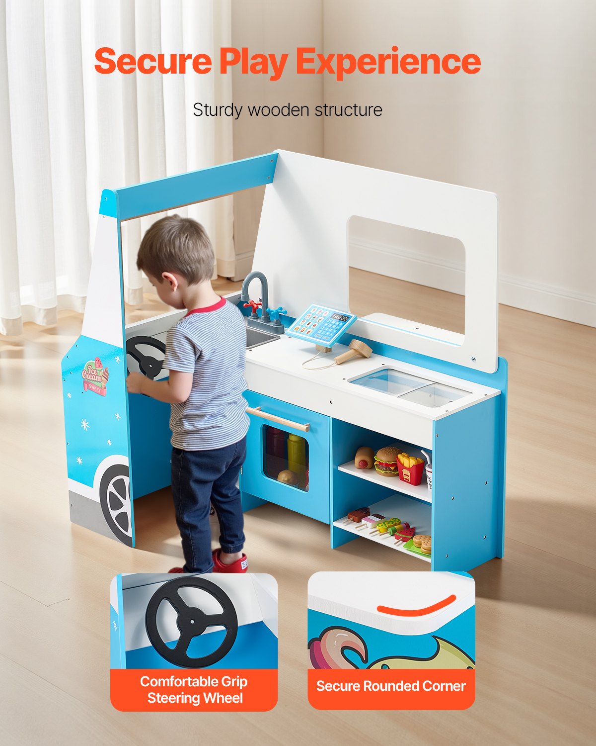 VEVOR Ice Cream Cart for Kids, 20+ PCS Ice Cream Truck Wooden Playset, Pretend Play Stand with Steering Wheel & Chalkboard, Payment Scanner & Freezer, Faucet & Sink, Suitable for Kids 3-7 Years Old - DKSHCMZKCDKSSH4LLV0 - view 7