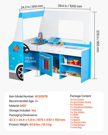 VEVOR Ice Cream Cart for Kids, 20+ PCS Ice Cream Truck Wooden Playset, Pretend Play Stand with Steering Wheel & Chalkboard, Payment Scanner & Freezer, Faucet & Sink, Suitable for Kids 3-7 Years Old - DKSHCMZKCDKSSH4LLV0 - view 8