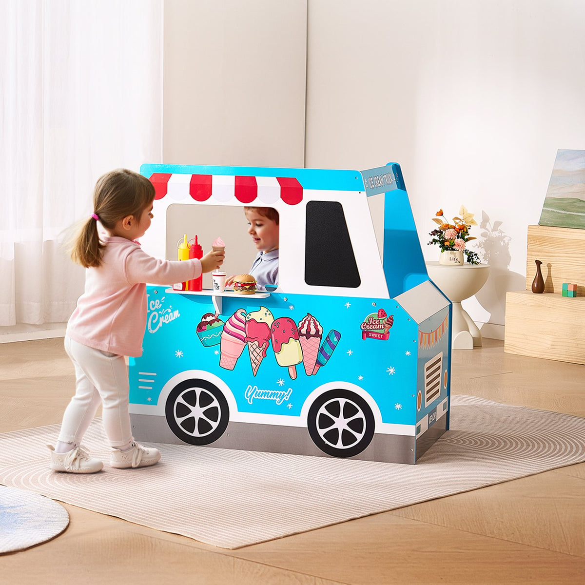 VEVOR Ice Cream Cart for Kids, 20+ PCS Ice Cream Truck Wooden Playset, Pretend Play Stand with Steering Wheel & Chalkboard, Payment Scanner & Freezer, Faucet & Sink, Suitable for Kids 3-7 Years Old - DKSHCMZKCDKSSH4LLV0 - view 9