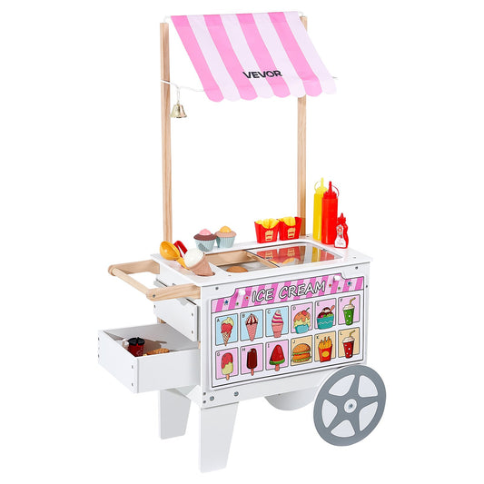 VEVOR Ice Cream Cart for Kids, 20+ PCS Accessories, Pretend Play Ice Cream Shop Kitchen Food Toys with Ice Cream Cone & Popsicle, Awning & Freezer, Storage Drawers & Flipping Menus, For Kids Aged 3-7 - DKSHCMZSHCDKKU5IYV0 - view 1