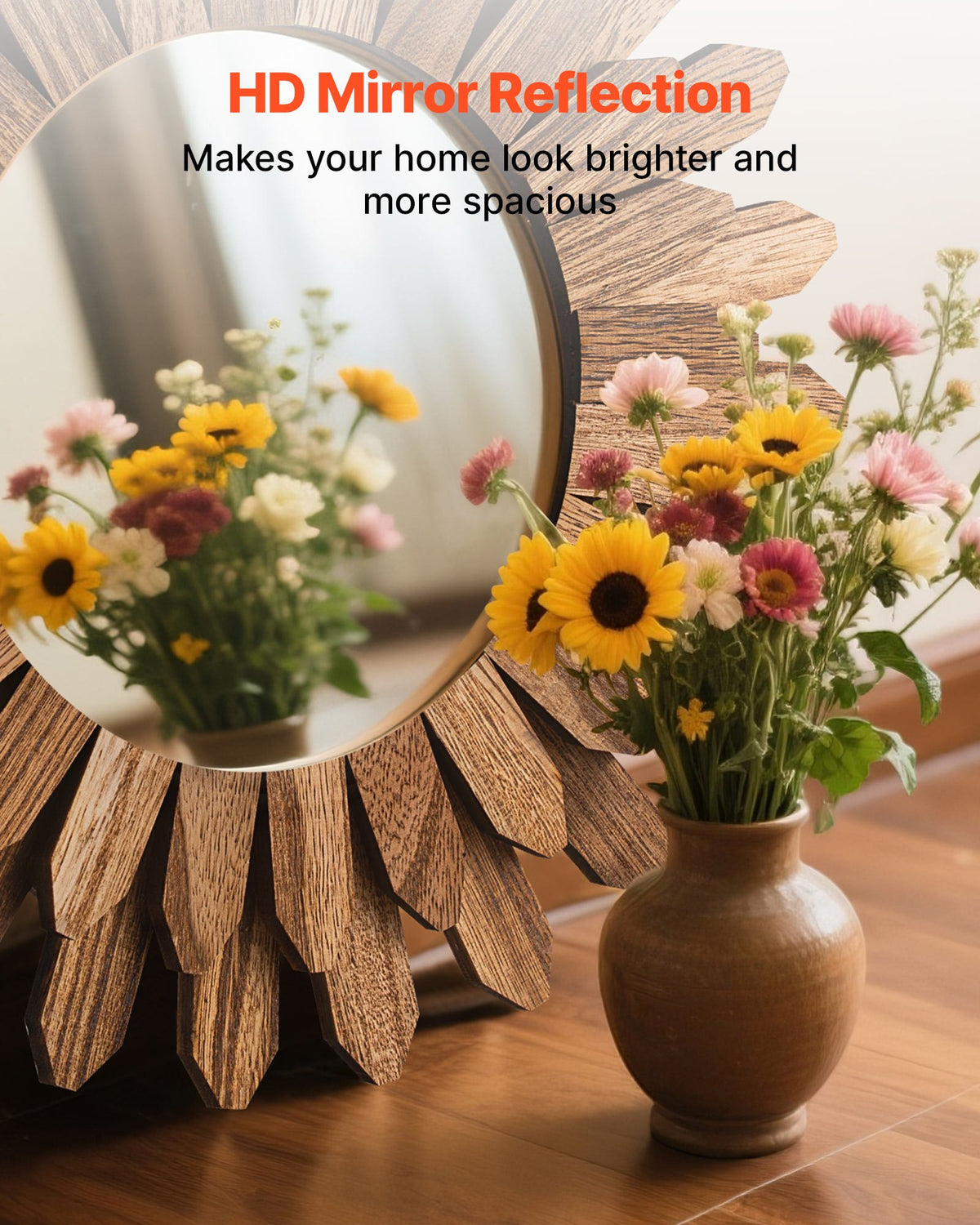 VEVOR Wall Mirror Decorative, 12-inch Rustic Wood Wall Decor Mirror, Boho Sunburst Aesthetic Mirrors for Bedroom Living Room Bathroom Entryway - Warming Gifts for New Home (Carbonized Black) - DKSZSQJ1J0005EYSB001V0 - view 4