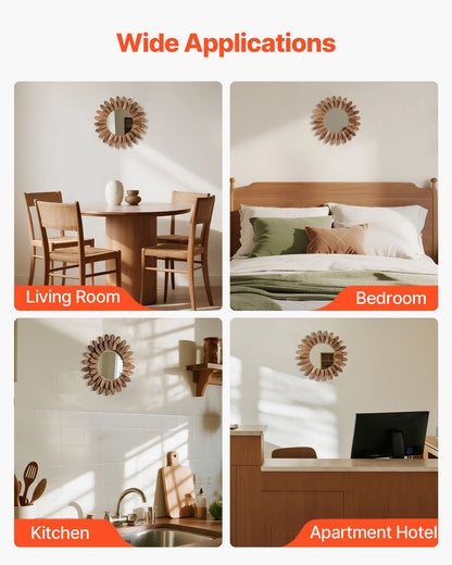 VEVOR Wall Mirror Decorative, 12-inch Rustic Wood Wall Decor Mirror, Boho Sunburst Aesthetic Mirrors for Bedroom Living Room Bathroom Entryway - Warming Gifts for New Home (Carbonized Black) - DKSZSQJ1J0005EYSB001V0 - view 7
