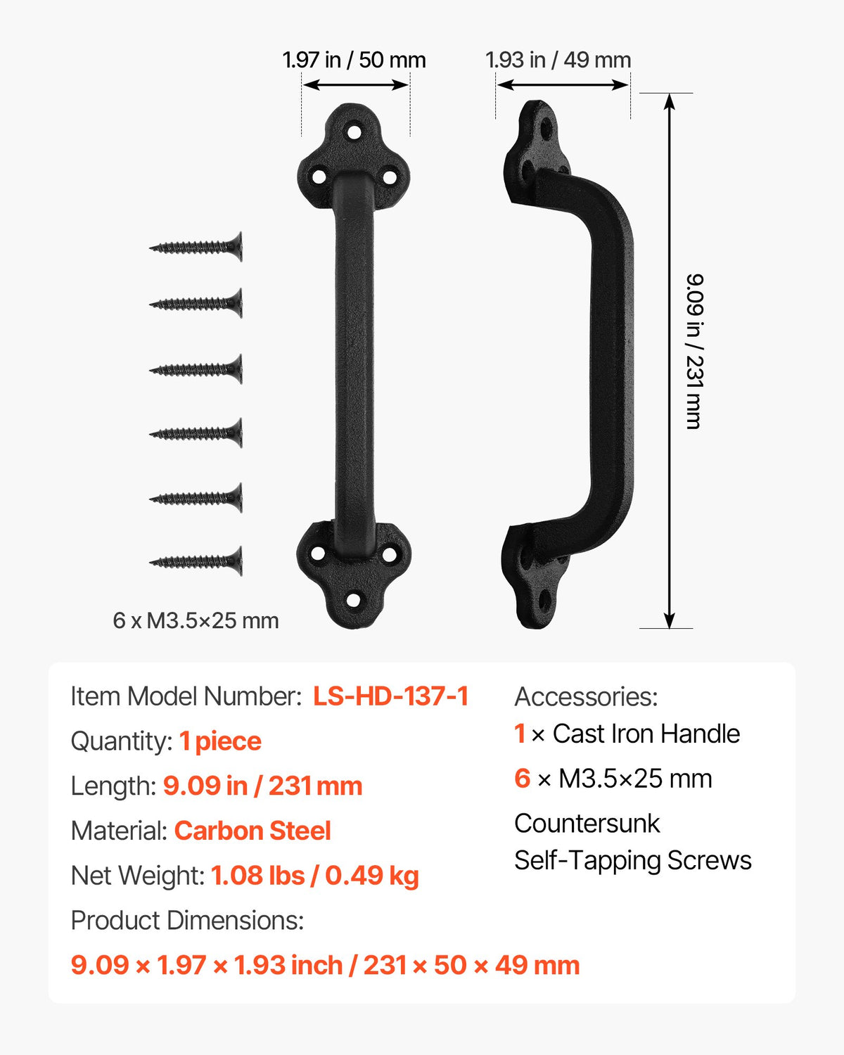 VEVOR Barn Door Handle, 9 in Rustic Fence Gate Handle, Rust-Resistant Coating, Heavy Duty Carbon Steel Outdoor Gate Handles, Easy to Install, Metal Sliding Door Pulls for Garage Shed Closet Pantry - DKXZLMBS9INCU5LTZ001V0 - view 8