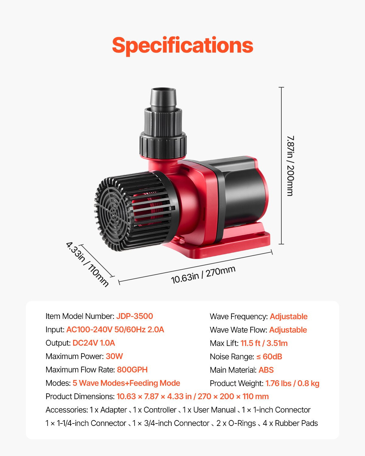 VEVOR Aquarium 24V DC Water Pump, 30W, 800 GPH Marine Wavemaker Return Pump with Controller, Adjustable Flow, Feed Mode, 11.5 ft Maximum Lift, for Saltwater Freshwater Fish Tank Sump Pond Circulation - DKZQDSZZLJHL0FSB6001V1 - view 8