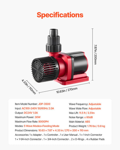 VEVOR Aquarium 24V DC Water Pump, 30W, 800 GPH Marine Wavemaker Return Pump with Controller, Adjustable Flow, Feed Mode, 11.5 ft Maximum Lift, for Saltwater Freshwater Fish Tank Sump Pond Circulation - DKZQDSZZLJHL0FSB6001V1 - view 8