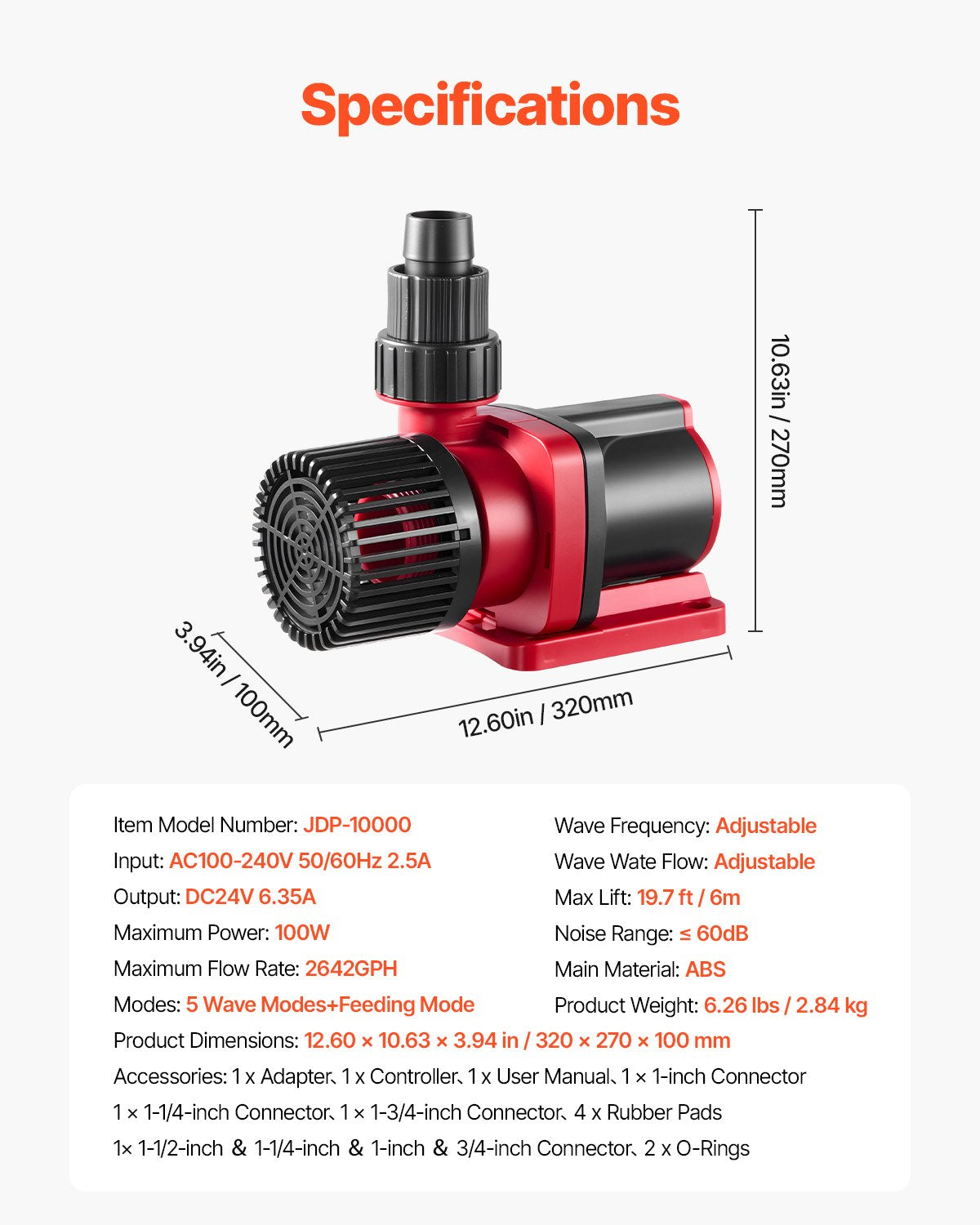 VEVOR Aquarium 24V DC Water Pump, 100W, 2642 GPH Marine Wavemaker Return Pump with Controller, Adjustable Flow, Feed Mode, 19.7 ft Max Lift, for Saltwater Freshwater Fish Tank Sump Pond Circulation - DKZQDSZZLJHL6HM97001V1 - view 8
