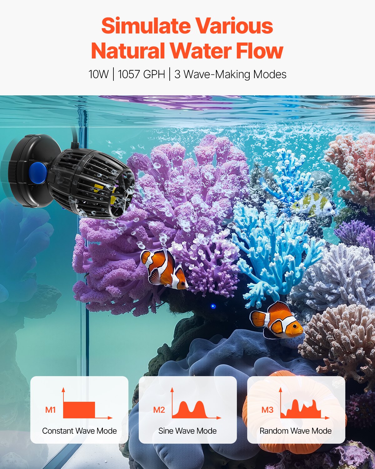 VEVOR Aquarium Wave Maker, 10W, 1057 GPH Quiet and Strong DC Powerhead, Adjustable Fish Tank Circulation Pump with Controller, Strong Magnetic Base, 360° Rotating Wavemaker, for Freshwater Saltwater - DKZQDSZZLJMNVJMXF001V1 - view 3