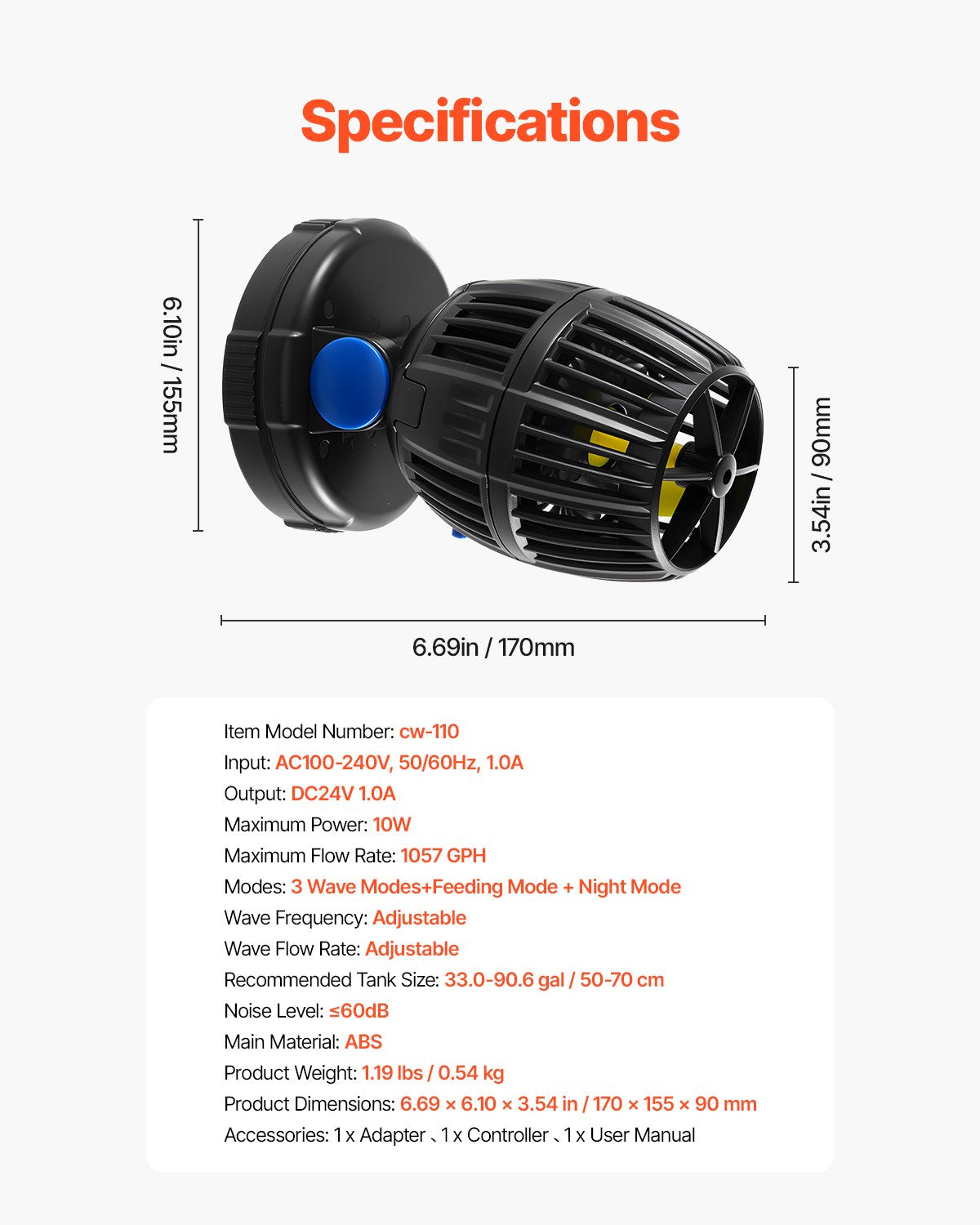 VEVOR Aquarium Wave Maker, 10W, 1057 GPH Quiet and Strong DC Powerhead, Adjustable Fish Tank Circulation Pump with Controller, Strong Magnetic Base, 360° Rotating Wavemaker, for Freshwater Saltwater - DKZQDSZZLJMNVJMXF001V1 - view 8