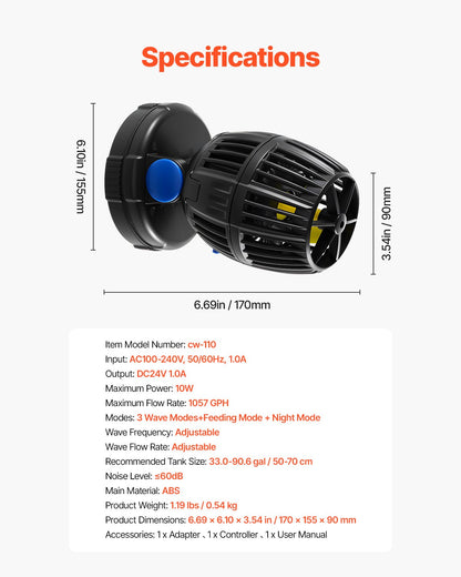 VEVOR Aquarium Wave Maker, 10W, 1057 GPH Quiet and Strong DC Powerhead, Adjustable Fish Tank Circulation Pump with Controller, Strong Magnetic Base, 360° Rotating Wavemaker, for Freshwater Saltwater - DKZQDSZZLJMNVJMXF001V1 - view 8
