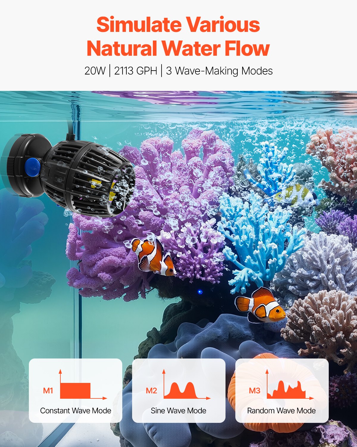 VEVOR Aquarium Wave Maker, 20W, 2113 GPH Quiet and Strong DC Powerhead, Adjustable Fish Tank Circulation Pump with Controller, Strong Magnetic Base, 360° Rotating Wavemaker, for Freshwater Saltwater - DKZQDSZZLJMNXI2QB001V1 - view 3