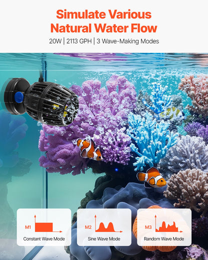 VEVOR Aquarium Wave Maker, 20W, 2113 GPH Quiet and Strong DC Powerhead, Adjustable Fish Tank Circulation Pump with Controller, Strong Magnetic Base, 360° Rotating Wavemaker, for Freshwater Saltwater - DKZQDSZZLJMNXI2QB001V1 - view 3