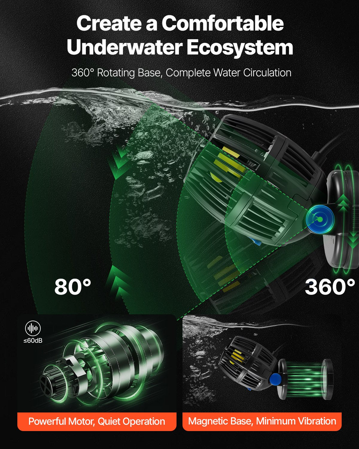 VEVOR Aquarium Wave Maker, 20W, 2113 GPH Quiet and Strong DC Powerhead, Adjustable Fish Tank Circulation Pump with Controller, Strong Magnetic Base, 360° Rotating Wavemaker, for Freshwater Saltwater - DKZQDSZZLJMNXI2QB001V1 - view 4