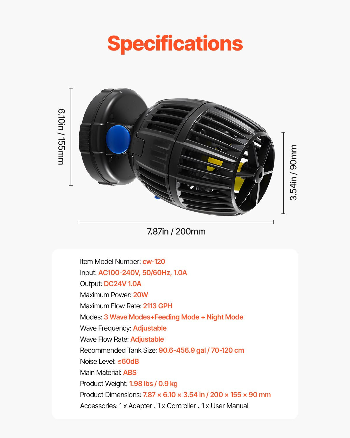 VEVOR Aquarium Wave Maker, 20W, 2113 GPH Quiet and Strong DC Powerhead, Adjustable Fish Tank Circulation Pump with Controller, Strong Magnetic Base, 360° Rotating Wavemaker, for Freshwater Saltwater - DKZQDSZZLJMNXI2QB001V1 - view 8