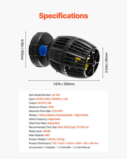 VEVOR Aquarium Wave Maker, 20W, 2113 GPH Quiet and Strong DC Powerhead, Adjustable Fish Tank Circulation Pump with Controller, Strong Magnetic Base, 360° Rotating Wavemaker, for Freshwater Saltwater - DKZQDSZZLJMNXI2QB001V1 - view 8