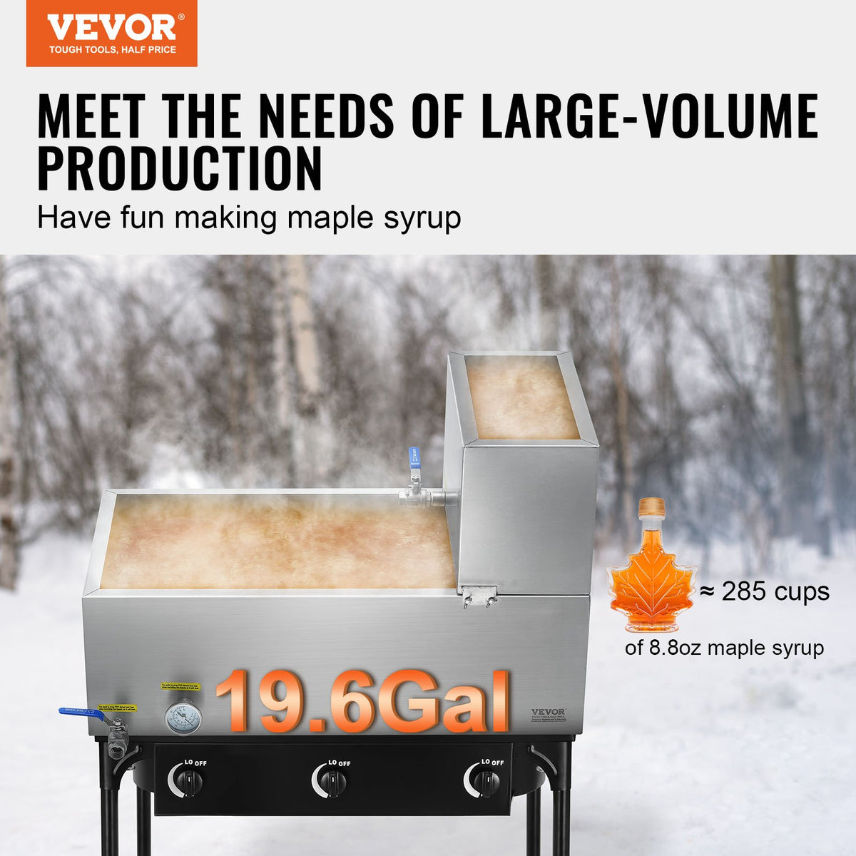 VEVOR Maple Syrup Evaporator Pan, 19.6 Gallon, 285 Cups of 8.8oz Maple Syrup, Flat Evaporator Pan with Thermometer, 2 Valves and 3 Heating Methods, 304 Stainless Steel Maple Syrup Pan for Home, Outdoor - DLCZFQ196JL0JM3FQV0 - view 3