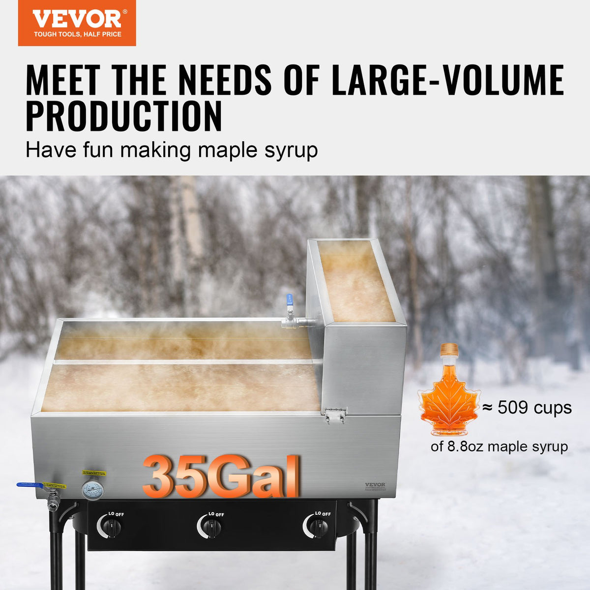 VEVOR Maple Syrup Evaporator Pan, 35 Gallon, 509 Cups of 8.8oz Maple Syrup, Flat Evaporator Pan with Thermometer, 2 Valves and 3 Heating Methods, 304 Stainless Steel Maple Syrup Pan for Home, Outdoor - DLCZFQ35JL00KCM7TV0 - view 3