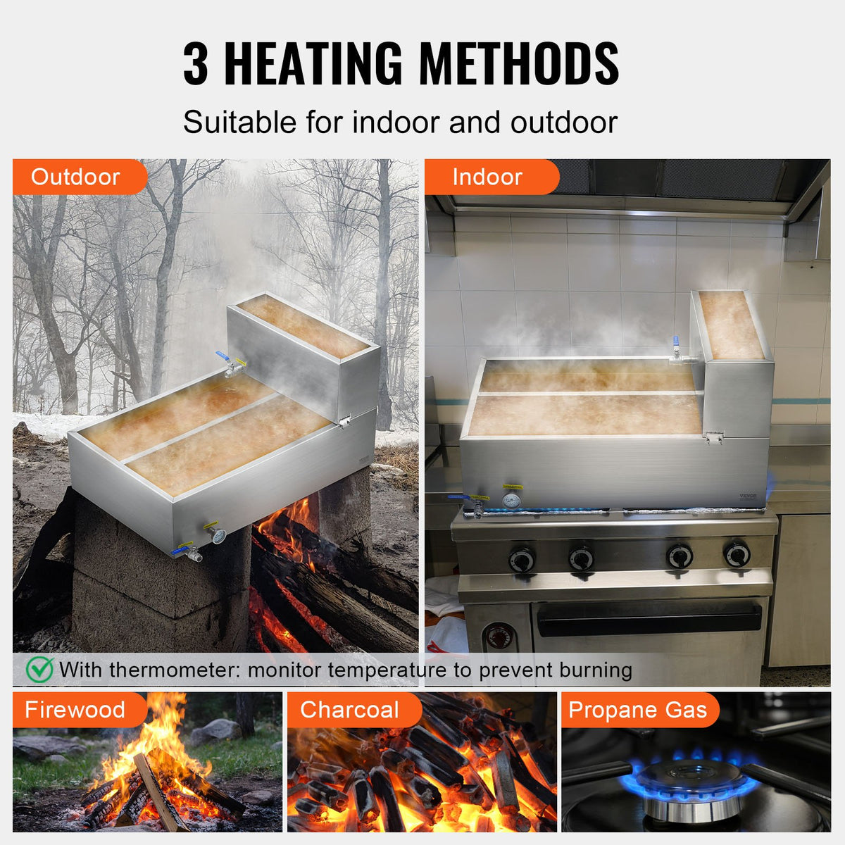 VEVOR Maple Syrup Evaporator Pan, 35 Gallon, 509 Cups of 8.8oz Maple Syrup, Flat Evaporator Pan with Thermometer, 2 Valves and 3 Heating Methods, 304 Stainless Steel Maple Syrup Pan for Home, Outdoor - DLCZFQ35JL00KCM7TV0 - view 6