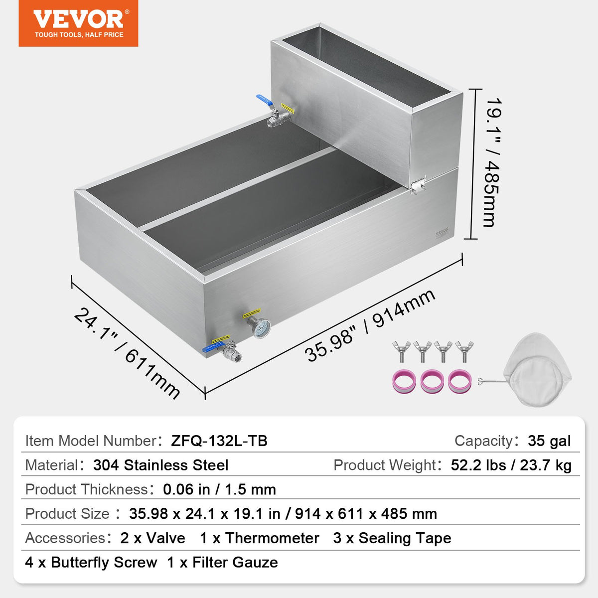 VEVOR Maple Syrup Evaporator Pan, 35 Gallon, 509 Cups of 8.8oz Maple Syrup, Flat Evaporator Pan with Thermometer, 2 Valves and 3 Heating Methods, 304 Stainless Steel Maple Syrup Pan for Home, Outdoor - DLCZFQ35JL00KCM7TV0 - view 8