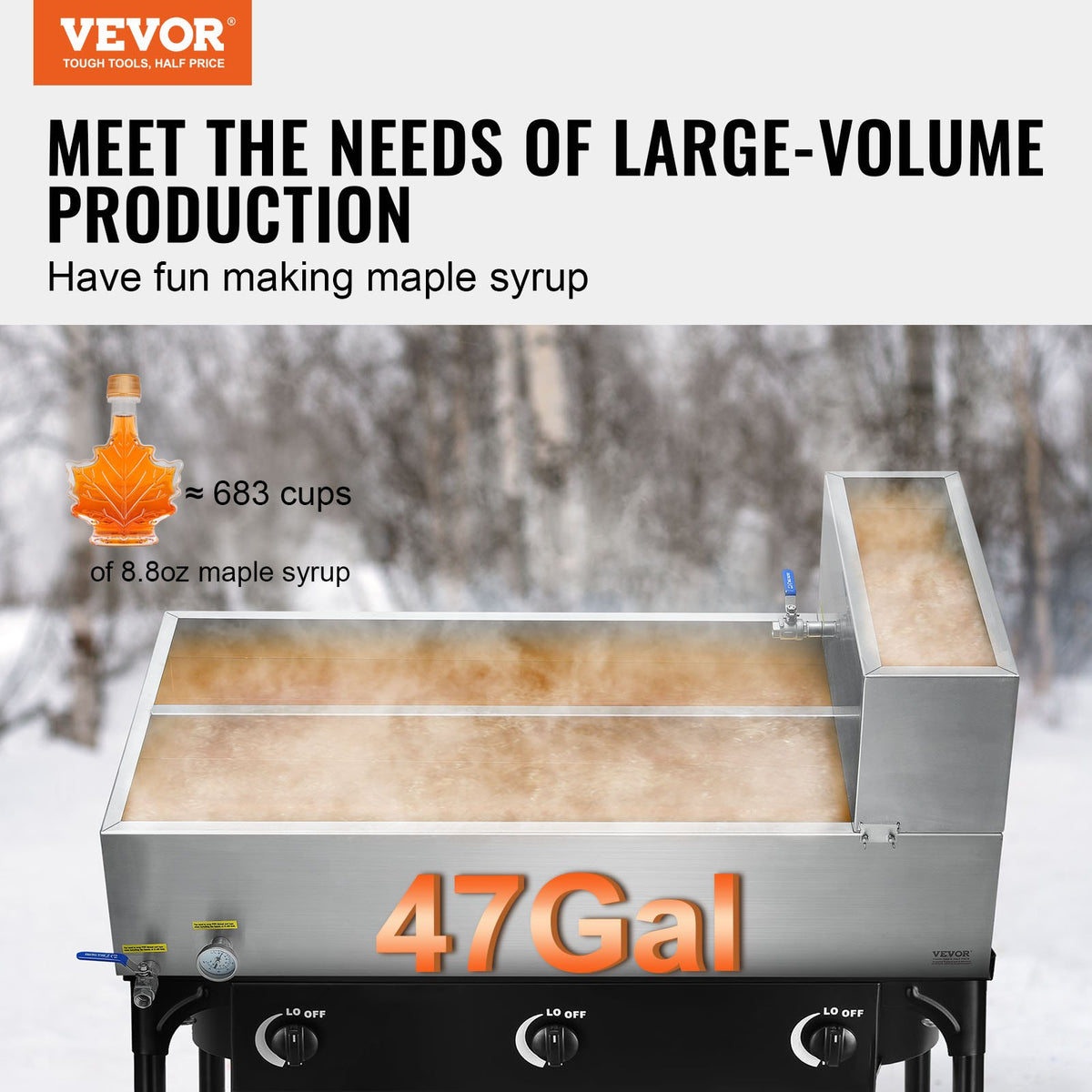 VEVOR Maple Syrup Evaporator Pan, 47 Gallon, 683 Cups of 8.8oz Maple Syrup, Flat Evaporator Pan with Thermometer, 2 Valves and 3 Heating Methods, 304 Stainless Steel Maple Syrup Pan for Home, Outdoor - DLCZFQ47JL00F8EDKV0 - view 3