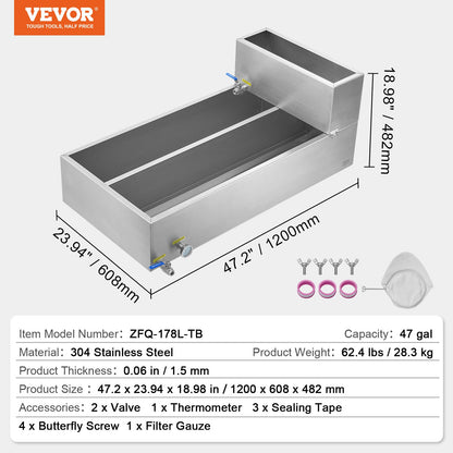 VEVOR Maple Syrup Evaporator Pan, 47 Gallon, 683 Cups of 8.8oz Maple Syrup, Flat Evaporator Pan with Thermometer, 2 Valves and 3 Heating Methods, 304 Stainless Steel Maple Syrup Pan for Home, Outdoor - DLCZFQ47JL00F8EDKV0 - view 8