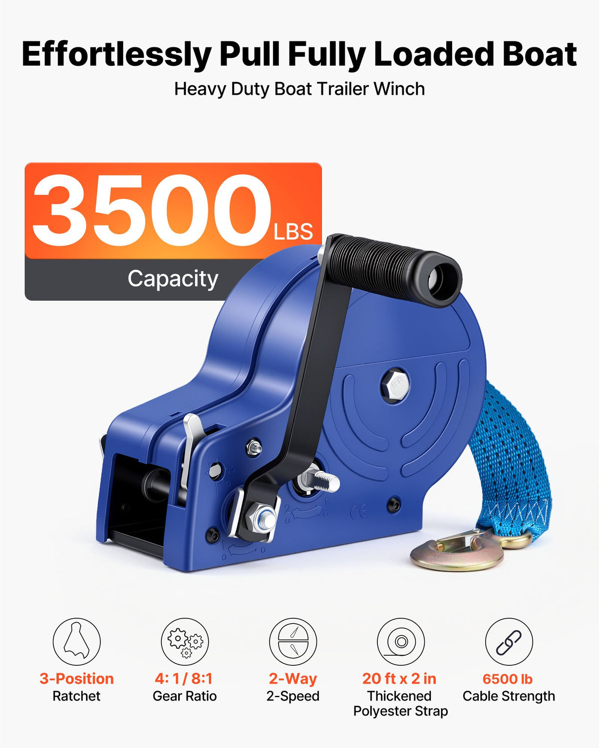 VEVOR Boat Winch, 3500 lbs Hand Winch, Heavy Duty Manual Rope Crank with 20ft Gray-Black Polyester Strap, Portable Two-Way Ratchet, Anti-Slip Handle Gear for Boat Trailer ATV Towing - DLDSDJPHHS35SW7CR001V0 - view 3